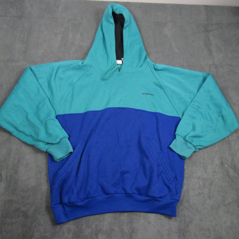 McGregor Hoodie Mens Large Blue Teal Colorblock Vintage Raglan Pullover Hoody